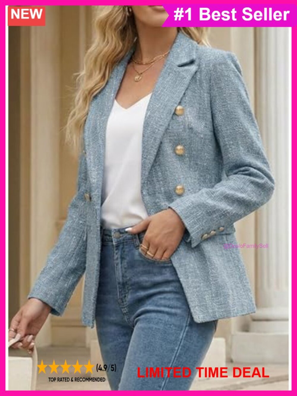 Tweed Double Breasted Blazer Long Sleeve Work Office Jacket